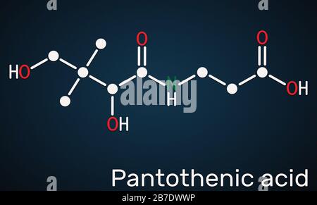 Acido pantotenico, vitamina B5, molecola di pantotenato. Formula chimica strutturale su sfondo blu scuro. Illustrazione Foto Stock