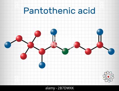 Acido pantotenico, vitamina B5, molecola di pantotenato. Foglio di carta in una gabbia. Illustrazione vettoriale Illustrazione Vettoriale