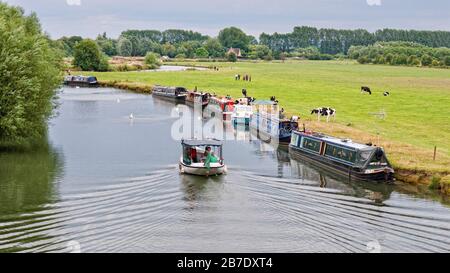 Barche a remi ormeggiate accanto a un campo di mucca sul Tamigi vicino a Lechlade, Cotswolds, Oxfordshire, Inghilterra, Regno Unito, Regno Unito Foto Stock