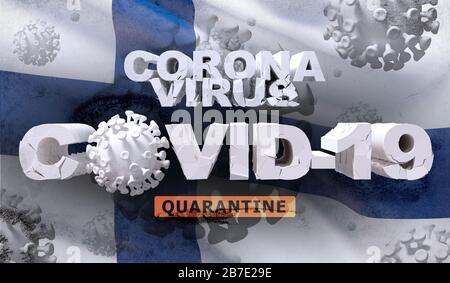 Malattia da coronavirus COVID-19: Concetto di quarantena per l'infezione da COVID-4 sulla bandiera nazionale della Finlandia. Rappresentazione 3D dettagliata e dettagliata. Foto Stock