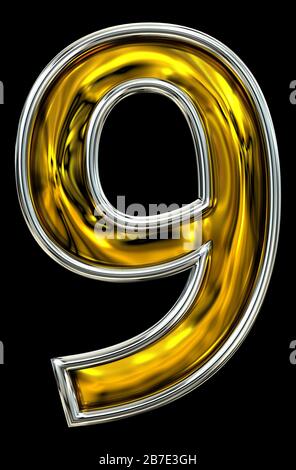 Rendering 3D, numero nove 9. Carattere di stile del numero della porta breezy. Rendering ABC ad alta risoluzione. Metallo lucido goffrato. Argento con rifiniture. Isolato su nero Foto Stock