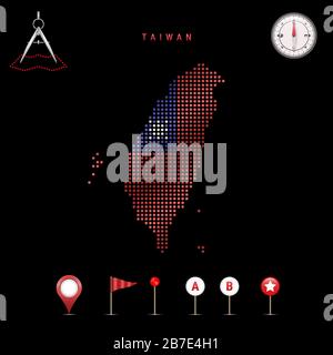 Mappa punteggiata di Taiwan dipinta nei colori della bandiera nazionale di Taiwan. Effetto flag ondulazione. Strumenti mappa, insieme di icone cartografiche. Illustrazione del vettore Illustrazione Vettoriale