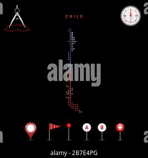Mappa punteggiata del Cile dipinta nei colori della bandiera nazionale del Cile. Effetto flag ondulazione. Strumenti mappa, insieme di icone cartografiche. Illustrazione vettoriale Illustrazione Vettoriale