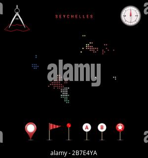 Mappa punteggiata delle Seychelles dipinta nei colori della bandiera nazionale delle Seychelles. Effetto flag ondulazione. Strumenti mappa, insieme di icone cartografiche. Vettore il Illustrazione Vettoriale