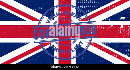 Coronavirus Alert Stamp UK. Avviso Covic-19 nel Regno Unito. Illustrazione vettoriale con sfondo flag UK. EPS 10 Illustrazione Vettoriale