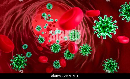 Coronavirus dei vasi sanguigni e delle cellule del sangue - 2019-nCoV, SARS-cov-2 concetto del virus WUHAN. Rendering 3D del coronavirus. Illustrazione 3D Foto Stock
