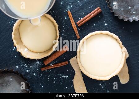 Concetto di cibo casalingo uovo biologico Portoghese Custard torte PASTEIS DE NATA su piatto di ardesia nera Foto Stock