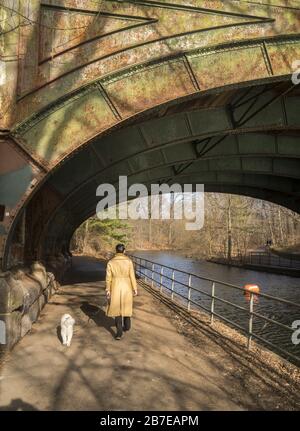 Donna cammina il suo cane lungo il canale in Prospect Park, Brooklyn, New York. Foto Stock