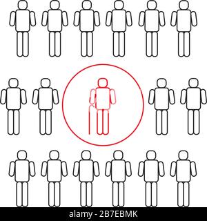 Distanza sociale e autoisolamento per gli anziani durante la quarantena del coronavirus COVID19. Folla di persone e persone in isolamento. Vettore. Illustrazione Vettoriale