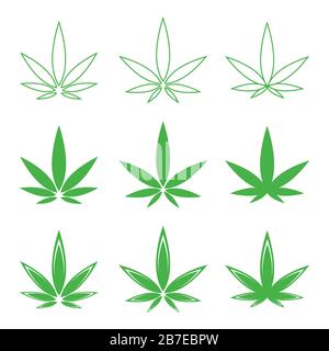 Set di icone Cannabis vettoriali. Logo a foglia di cannabis. Verde Medica marijuana foglie isolate. Illustrazione Vettoriale