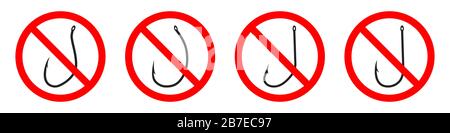 Divieto di pesca con gancio. Serie di segni di divieto di pesca. Stop pesca segni isolati. Icone vettoriali. Illustrazione Vettoriale