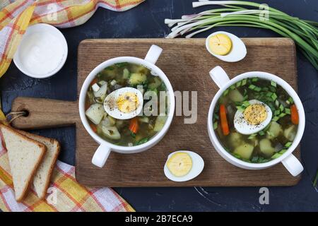 Borsch verde con sorrel e uovo in due ciotole bianche su tavola di legno su sfondo scuro Foto Stock