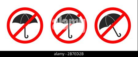 Stop ombrello segno isolato. Cartelli per ombrello vietati. Set di icone vettoriali. Segno di divieto di un ombrello. Illustrazione Vettoriale