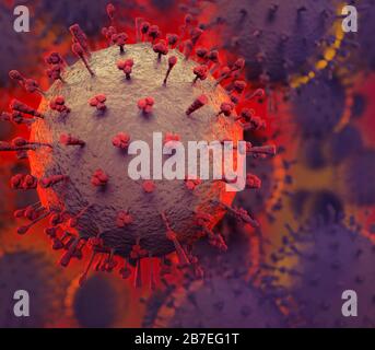 Coronavirus, COVID-19, rendering artistico. Illustrazione 3D concettuale delle particelle del virus Corona. Diffusione di virus, epidemie e pandemia concetto. Foto Stock