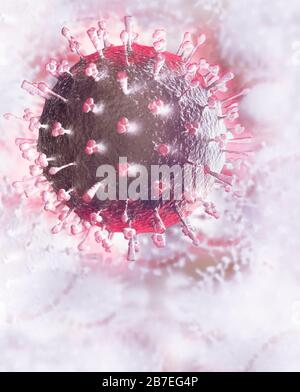 Coronavirus, COVID-19, rendering artistico. Illustrazione concettuale 3D delle particelle del virus Corona su sfondo bianco brillante. Diffusione di virus, epidemie e. Foto Stock