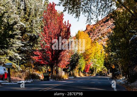 Aspen, piccola città degli Stati Uniti in Colorado con gli alberi rossi colorati che fiancheggiano la strada in costosa città famosa durante il giorno d'autunno al mattino Foto Stock