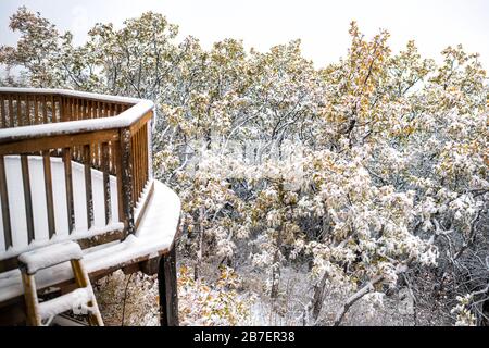 Casa proprietà casa con scala a ponte recinto ringhiera e autunno fogliame su alberi con neve che copre foglie Foto Stock