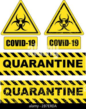 Segno di pericolo biologico. Covid-19. Quarantena. Romanzo pandemico focolaio di Coronavirus covid-19 2019-nsegni di quarantena di CoV in stile solido e grunge per Illustrazione Vettoriale