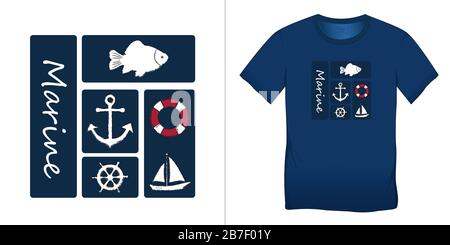 Stampa su t-shirt grafica design, blu icone nautiche collezioni ancora, carpa di pesce, barca a vela, timone, lifbuoy, isolato su sfondo bianco Foto Stock