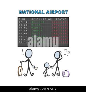 Volo annullato. I consigli di amministrazione sono chiusi per la quarantena. Orario aeroporto. Disegnato a mano. Cartoon Stickman. Schizzo di Doodle, illustrazione grafica vettoriale viaggio f Illustrazione Vettoriale