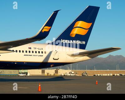 Icelandair Boeing 757 parcheggiato all'aeroporto di Anchorage in Alaska. Vista ravvicinata della coda e del winglet dal lato dell'aria. Velivoli immatricolati in Islanda come TF-LLX. Foto Stock