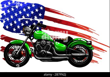 Vecchio biker e moto retrò su american flag vettore Illustrazione Vettoriale