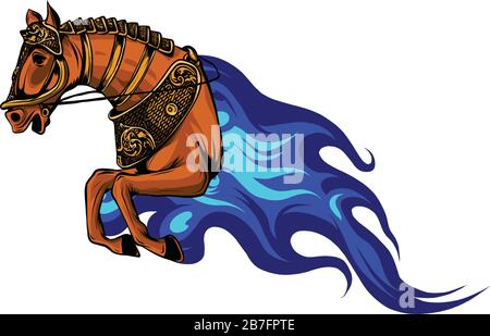 Cavallo fuoco o simbolo diavolo stallone con testa di un cavallo arrabbiato con arancione brillante e rosso fiammeggiante mana. Illustrazione Vettoriale