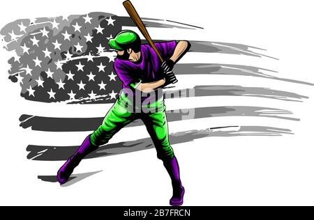 Fast Pitch Baseball Boy Cartoon Player con Bat Vector Illustration Illustrazione Vettoriale