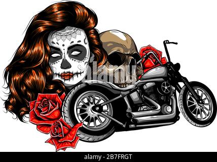 Vector illustation vintage moto chopper e rose poster Illustrazione Vettoriale