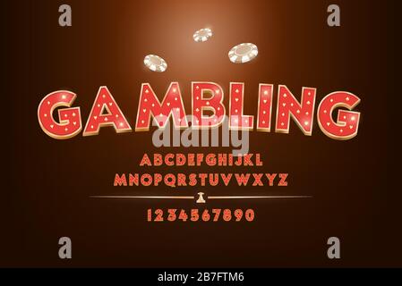 Set di caratteri alfabetici a tema Red Gambling e casinò con numeri Illustrazione Vettoriale
