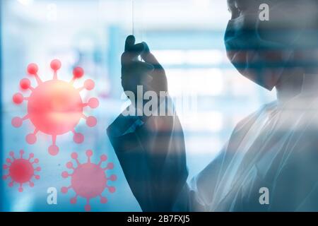 donna scienziata con covid rosso 19 o infezione da virus corona in blu salute scienza laboratorio di fondo Foto Stock