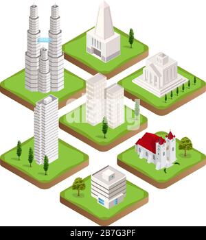 Grande collezione di distinti edifici isometrici della città Illustrazione Vettoriale