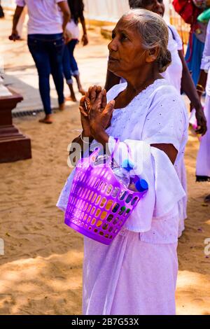 Sri Lanka Anuradhapura Sri Maha Bodhi tempio tempio tempio tempio complesso originale taglio 3 ° secolo AC Principessa Santhamitta adoratori che prega abiti Foto Stock