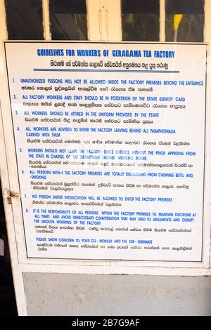 Sud Asia Sri Lanka Geragama Estate tè fabbrica segni guida lavoratori norme del personale non bere uniforme non masticare betel Foto Stock