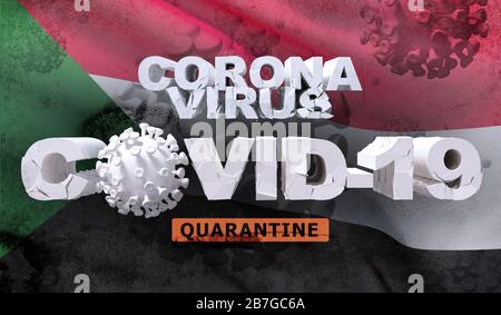 Malattia di coronavirus COVID-19 concetto di infezione su sventolare bandiera nazionale del Sudan. Rappresentazione 3D dettagliata e dettagliata. Foto Stock