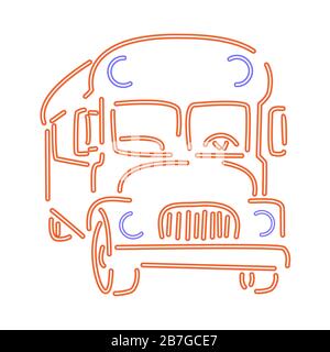 Doodle o autobus scuola tirato a mano sotto forma di linee al neon luminose, su sfondo bianco Illustrazione Vettoriale