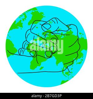 Mani con globo terra web isolato su sfondo bianco. Simbolo del giorno della terra. Concetto di Giornata Internazionale della Pace. Logo World Hand. Illustrazione vettoriale stock Illustrazione Vettoriale