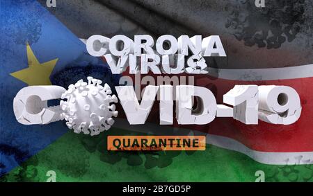 Malattia di coronavirus COVID-19 concetto di infezione su sventolare bandiera nazionale del Sudan del Sud. Rappresentazione 3D dettagliata e dettagliata. Foto Stock