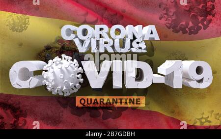 Malattia di coronavirus COVID-19 concetto di infezione sul vessare bandiera nazionale della Spagna. Rappresentazione 3D dettagliata e dettagliata. Foto Stock