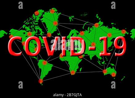 Illustrazione per mostrare la diffusione mondiale della pandemia di Coronavirus COVID-19 (Corona virus COVID19) in tutto il mondo. COVID 19 pandemic globo grafico. Foto Stock