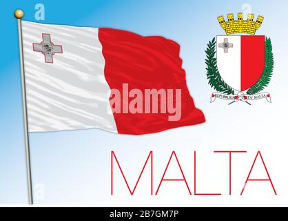 Bandiera e stemma nazionale ufficiale di Malta, Unione europea, illustrazione vettoriale Illustrazione Vettoriale