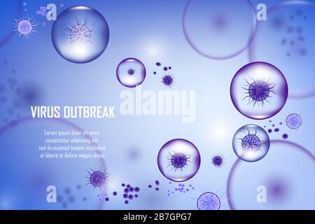 Sfondo vettoriale astratto con cellule batteriche e virali. Biologia scienza medica annuncio concetto banner design. Illustrazione delle molecole mediche delle cellule virali Illustrazione Vettoriale