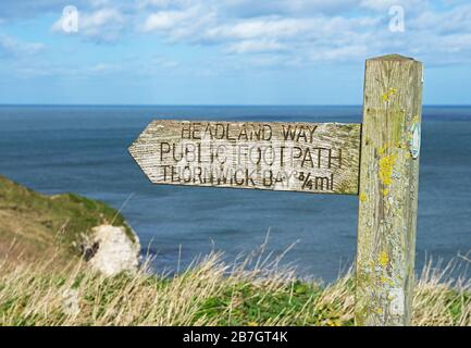 Indicazioni per il sentiero, la strada di Headland Way, a North Landing, Flamborough Head, East Yorkshire, Inghilterra Regno Unito Foto Stock