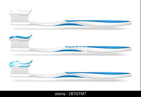 Spazzolino con dentifricio isolato. Spazzola per denti mockup per poster di cura dentale. Attrezzatura per spazzolino bianco per stomatologia. Illustrazione vettoriale Illustrazione Vettoriale