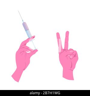 Salvezza da Covide 19. Sviluppato vaccino per sconfiggere il coronavirus. Mani con siringa e con un segno di vittoria closeup vettoriale illustrazione in stile piatto Illustrazione Vettoriale