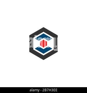 Disegno dell'illustrazione del modello con logo a forma esagonale con freccia su e freccia giù. Vettore EPS 10. Foto Stock