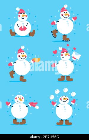 Divertente uomo di neve che indossa cappello e mitteni collezione su sfondo blu per il tuo design Illustrazione Vettoriale