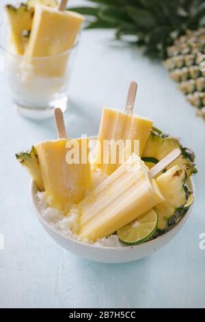 In Casa Ananas Popsicles su una ciotola(messa a fuoco selettiva; close-up shot) Foto Stock