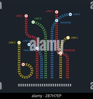 Ferrovia - binari ferroviari con stazioni di trasmissione, schema ferroviario in stile cartoon Illustrazione Vettoriale