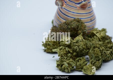 Primo piano di gemme marijuana splendidamente dense contro sfondo Foto Stock